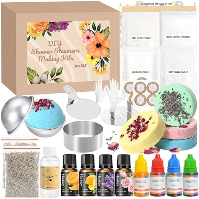 JUYRLE Bath Bomb Making Kit- 49Pcs DIY Bath Bomb Kit for Aldult, Make Your Own Shower Bombs, Spa Craft Kits with Bath Bomb Press, Molds, Bath & Bathing Making Supplies Gifts for Mom Women - Image 1